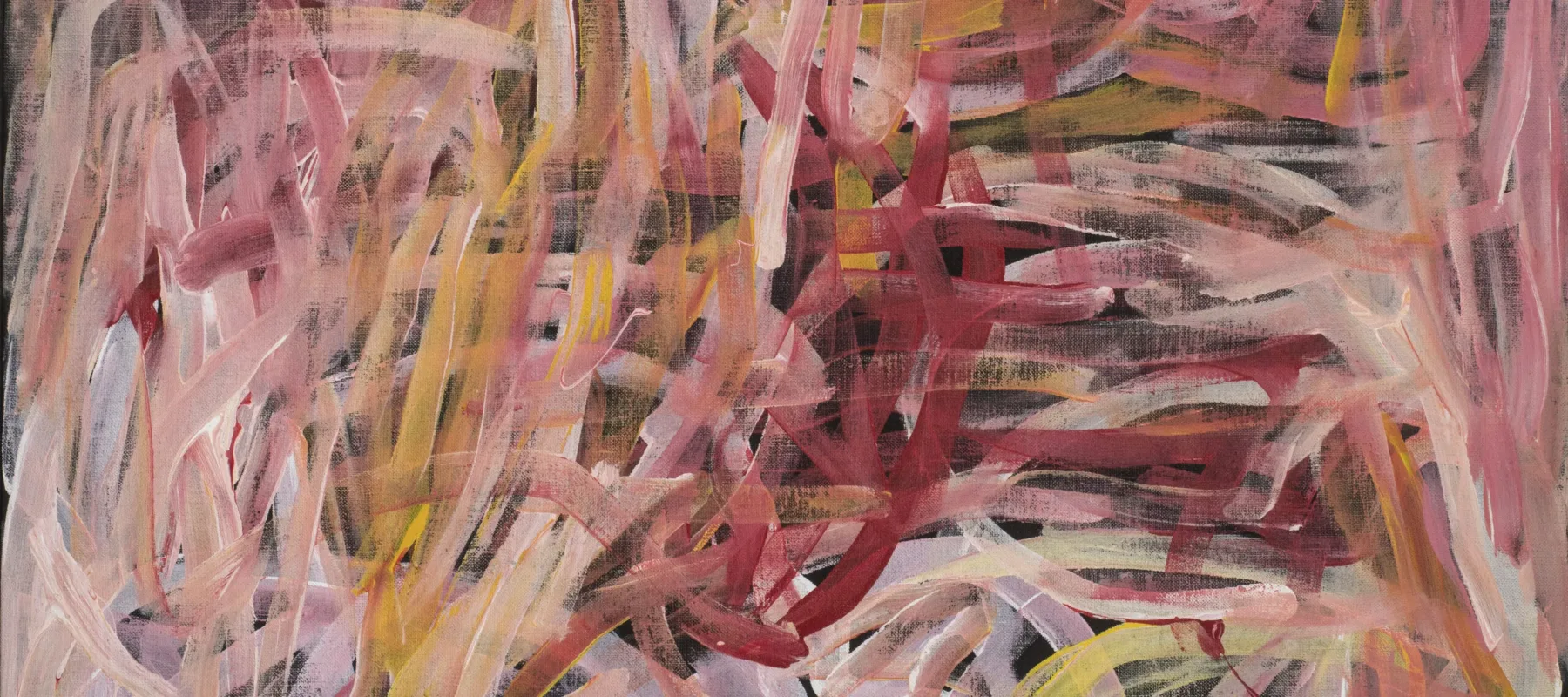 Abstract painting of long, layered brushstrokes in shades of red, pink, orange and white, laid over a black background. The brushstrokes intersect, weave together, and overlap, creating a frenzied web of lines.
