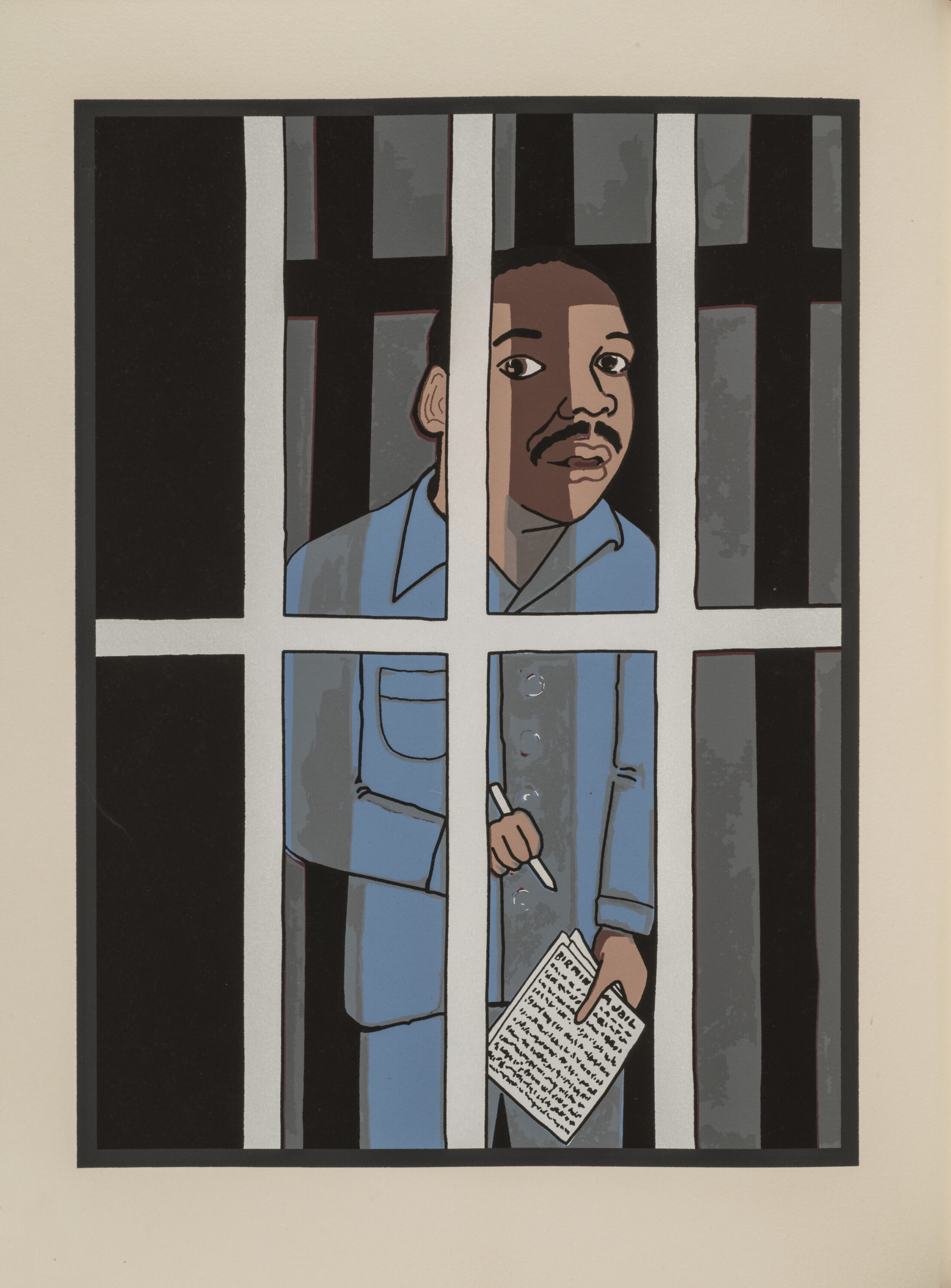A print of Martin Luther King Jr., a medium-skinned man with short black hair and a black mustache, wearing a light blue jumpsuit standing behind the bars of a jail cell. He is holding a pen and paper in his hands and his mouth is slightly open as if he is speaking.