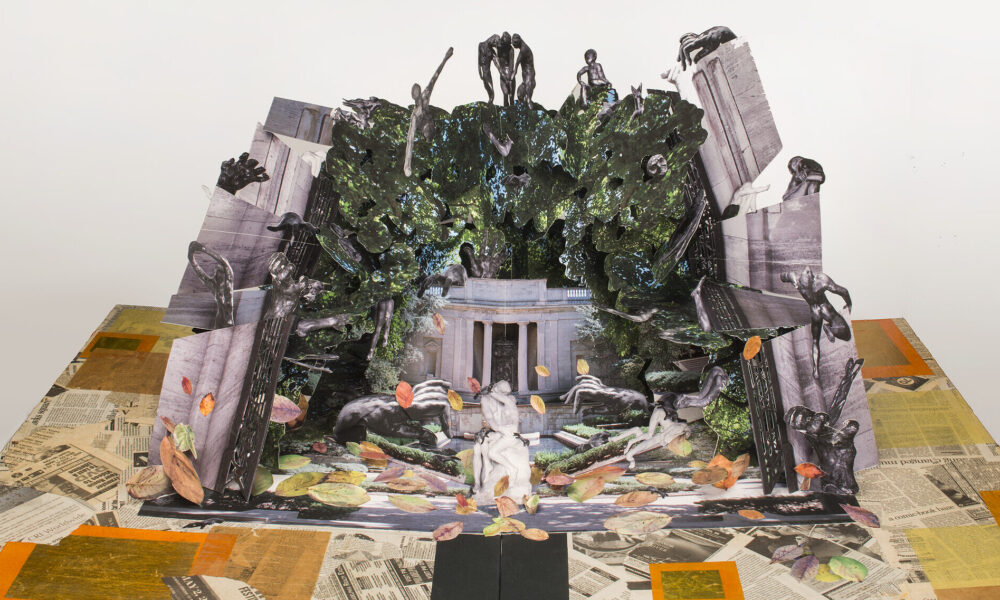 Large-scale pop-up book with Auguste Rodin's and Camille Claudel's sculptures in a deconstructed classical building. Sculptures populate a mass of greenery that overtakes the building, bordered by crumbling columns. Scattered petals of color match the collaged newspaper base.