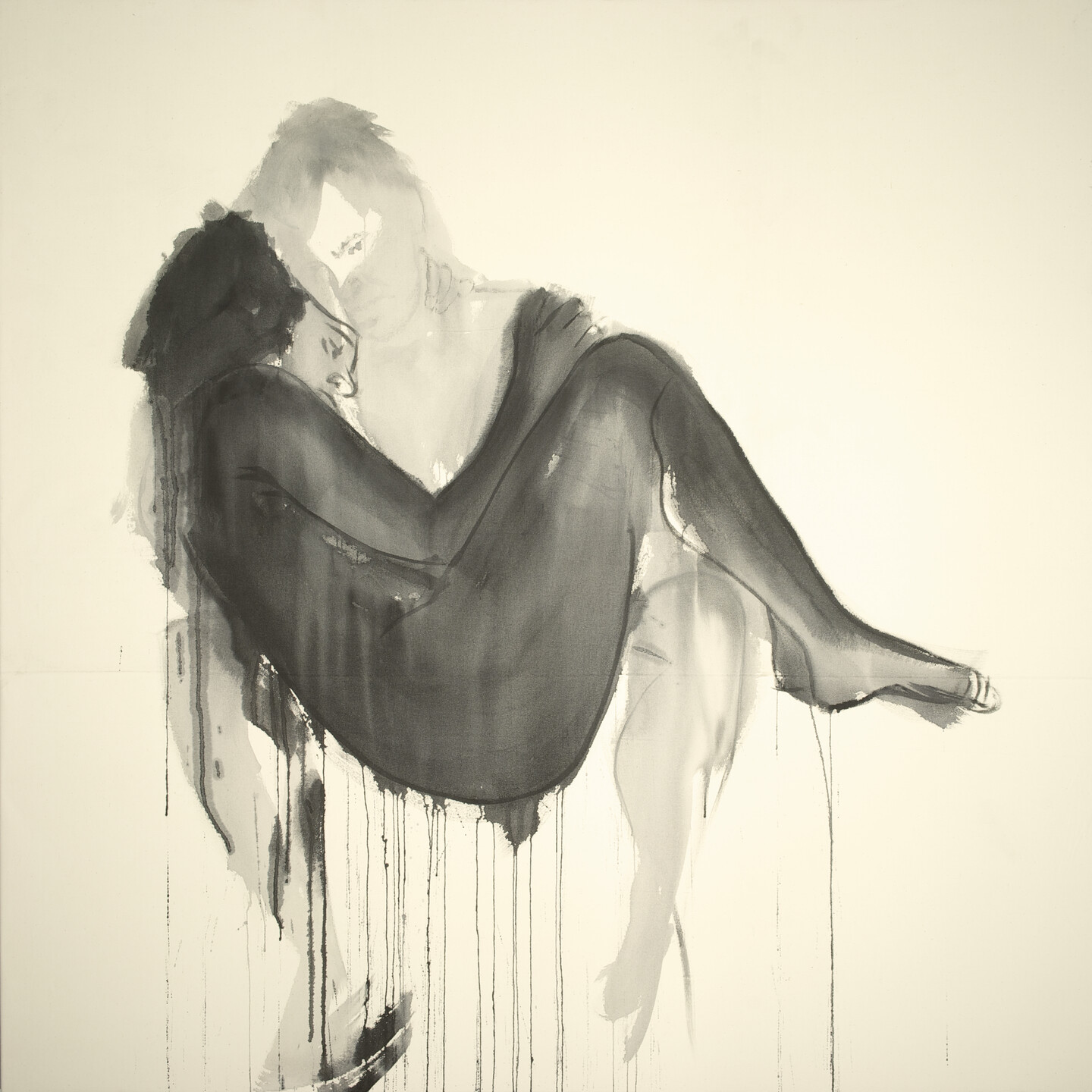 The grey figure of a man fades into the background. Curled up in the man's arms, a woman's figure is painted in black and pops against the light background. Streaks of black paint drip from her figure to the bottom of the canvas.