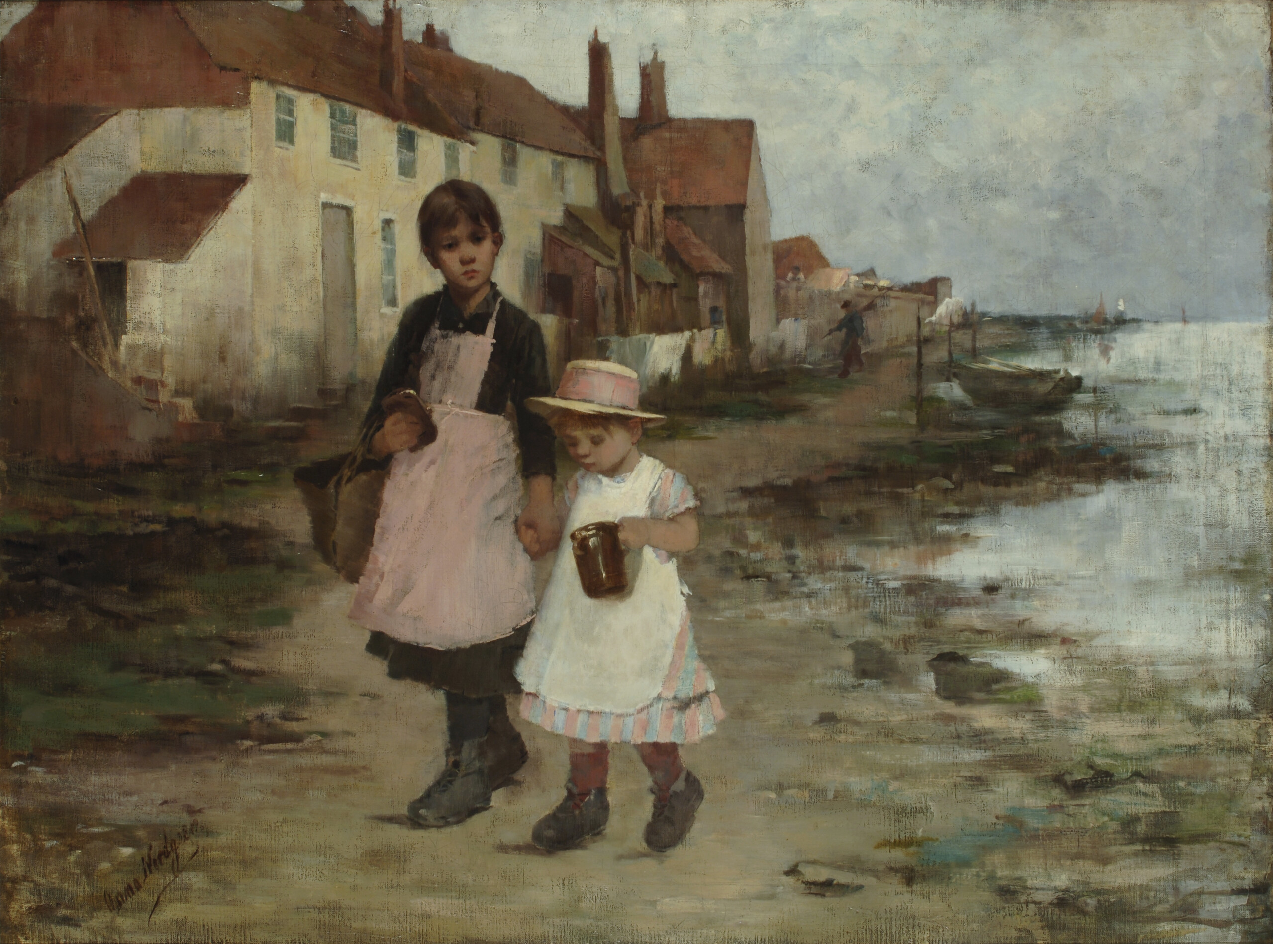 An oil painting comprised of soft brushstrokes of two young girls holding hands and walking along a shoreline. Behind them is a row of houses.