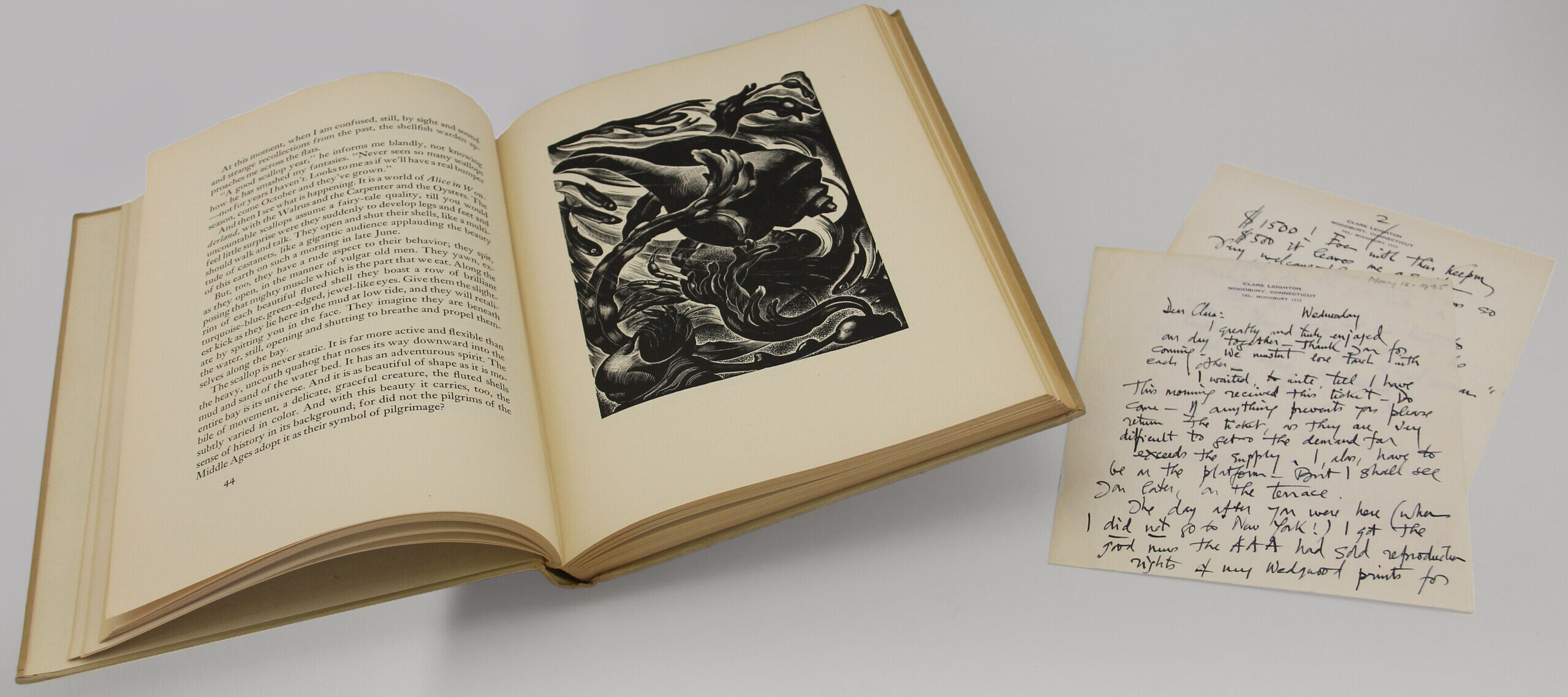 Clare Leighton's book, Where Land Meets Sea: the Tide Line of Cape Cod (1954), and a letter written by her to friend Clara Klinghoffer, 1955.