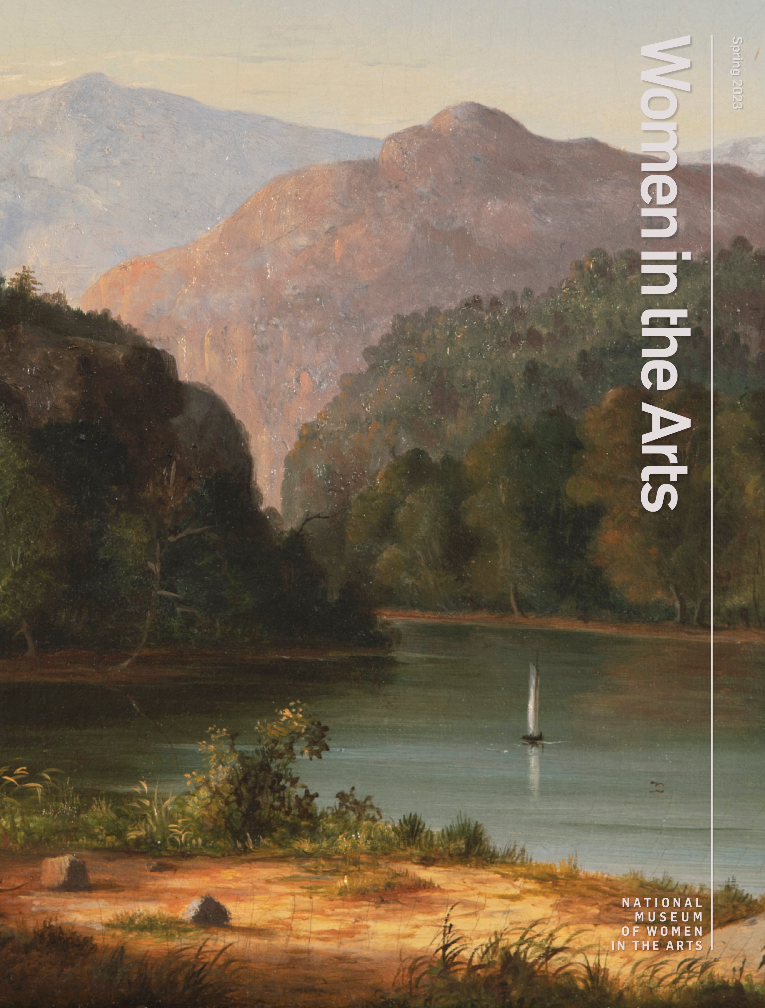 The Spring 2023 cover image for 'Women in the Arts' magazine shows a landscape painting with a body of water and mountains in the background.