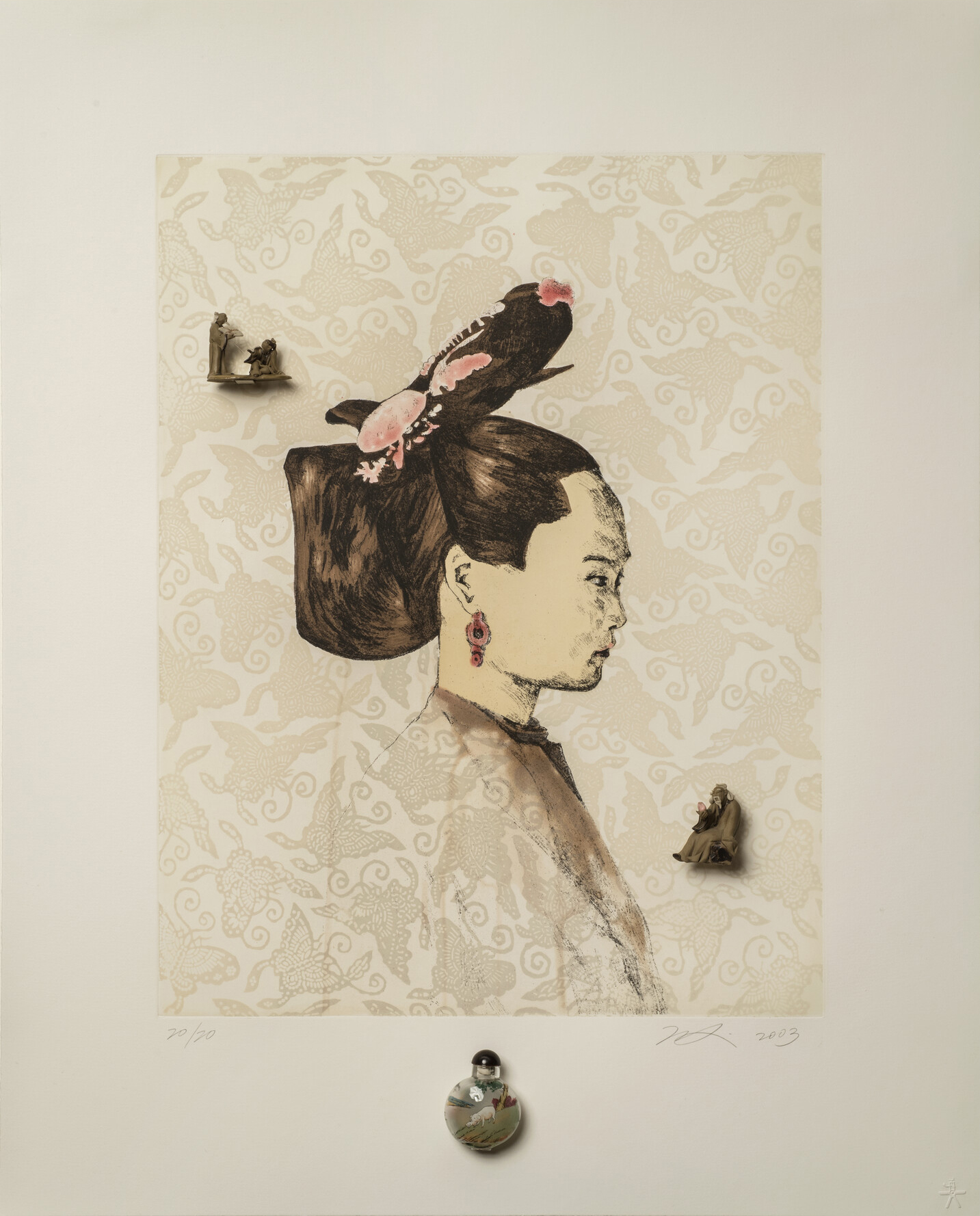 A portrait bust print of an East Asian woman seen in profile with a butterfly-patterned background. She wears an elaborate up-do with coral colored hair accessories and earrings. Two small figural sculptures and a small glass vase are attached to the surface of the paper.