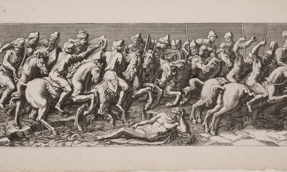 A black-and-white, horizontal print depicts multiple Roman-style male figures on horseback. They hold weapons or brass musical instruments and process, somewhat chaotically, towards the viewer's right.