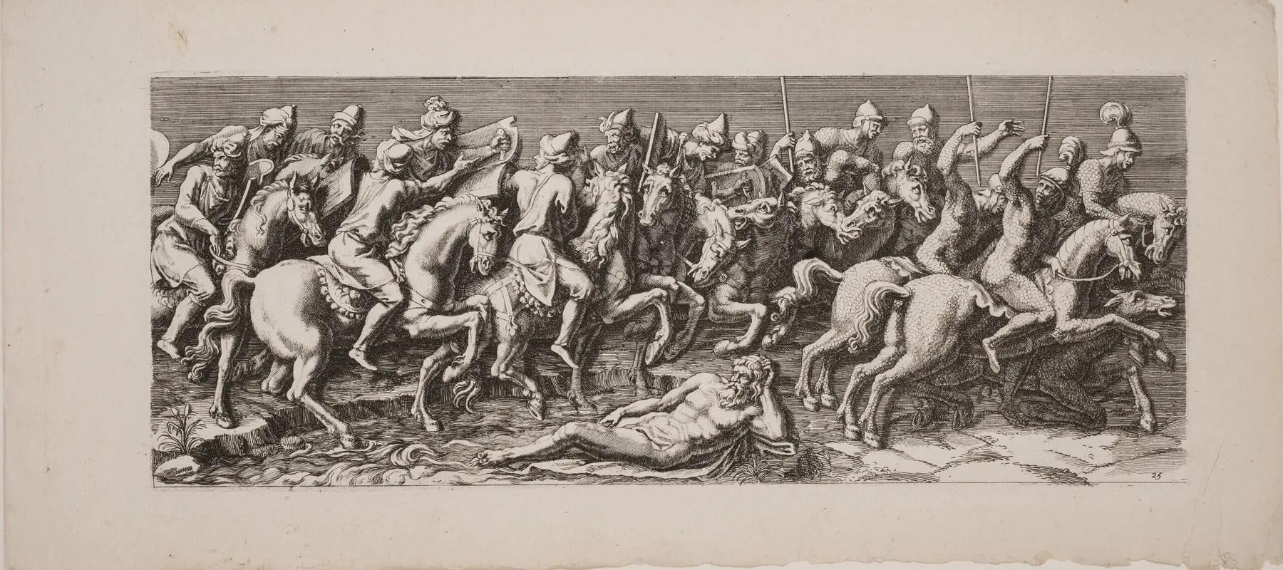 A black-and-white, horizontal print depicts multiple Roman-style male figures on horseback. They hold weapons or brass musical instruments and process, somewhat chaotically, towards the viewer's right.