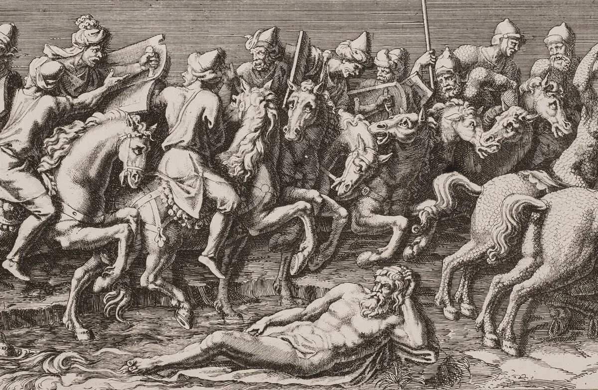 A black-and-white, horizontal print depicts multiple Roman-style male figures on horseback. They hold weapons or brass musical instruments and process, somewhat chaotically, towards the viewer's right.