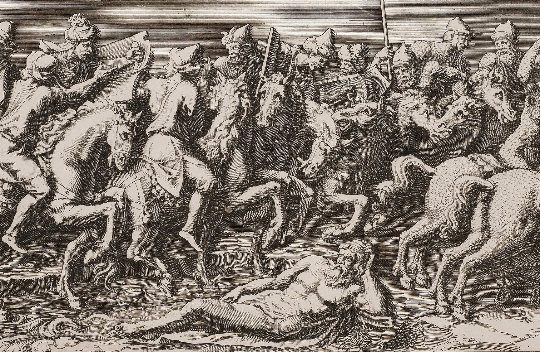 A black-and-white, horizontal print depicts multiple Roman-style male figures on horseback. They hold weapons or brass musical instruments and process, somewhat chaotically, towards the viewer's right.