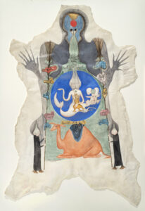 Surrealist painting shaped like an animal skin dominated by a foreboding human-like shape hovering over narrative scenes of animals, human hybrids, and reverse-handwritten Celtic references. At the center, a bright blue circle containing a chimeric figure sits atop a seated camel.