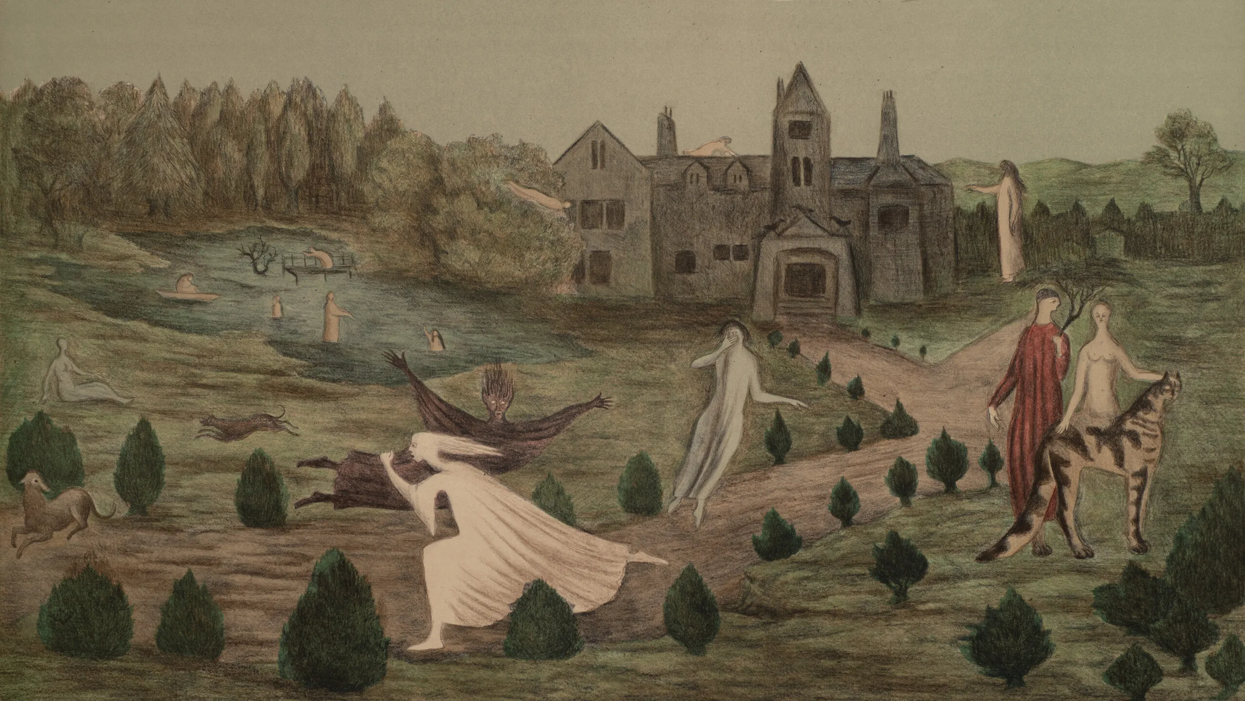 Eerie figures walk, float, swim and stand in a pastoral landscape. A grey house sits next to a small body of water, the lawn decorated with small shrubs and trees. A pair, one dressed and one nude, pet a stripped animal as ghostly figures move through the foreground.