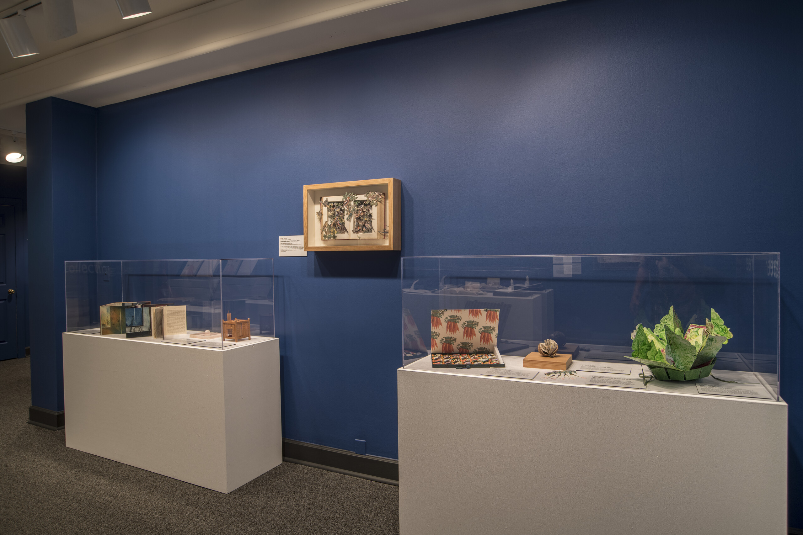 A color photograph of two cases and wall frame containing sculptural artist's books against a blue wall.