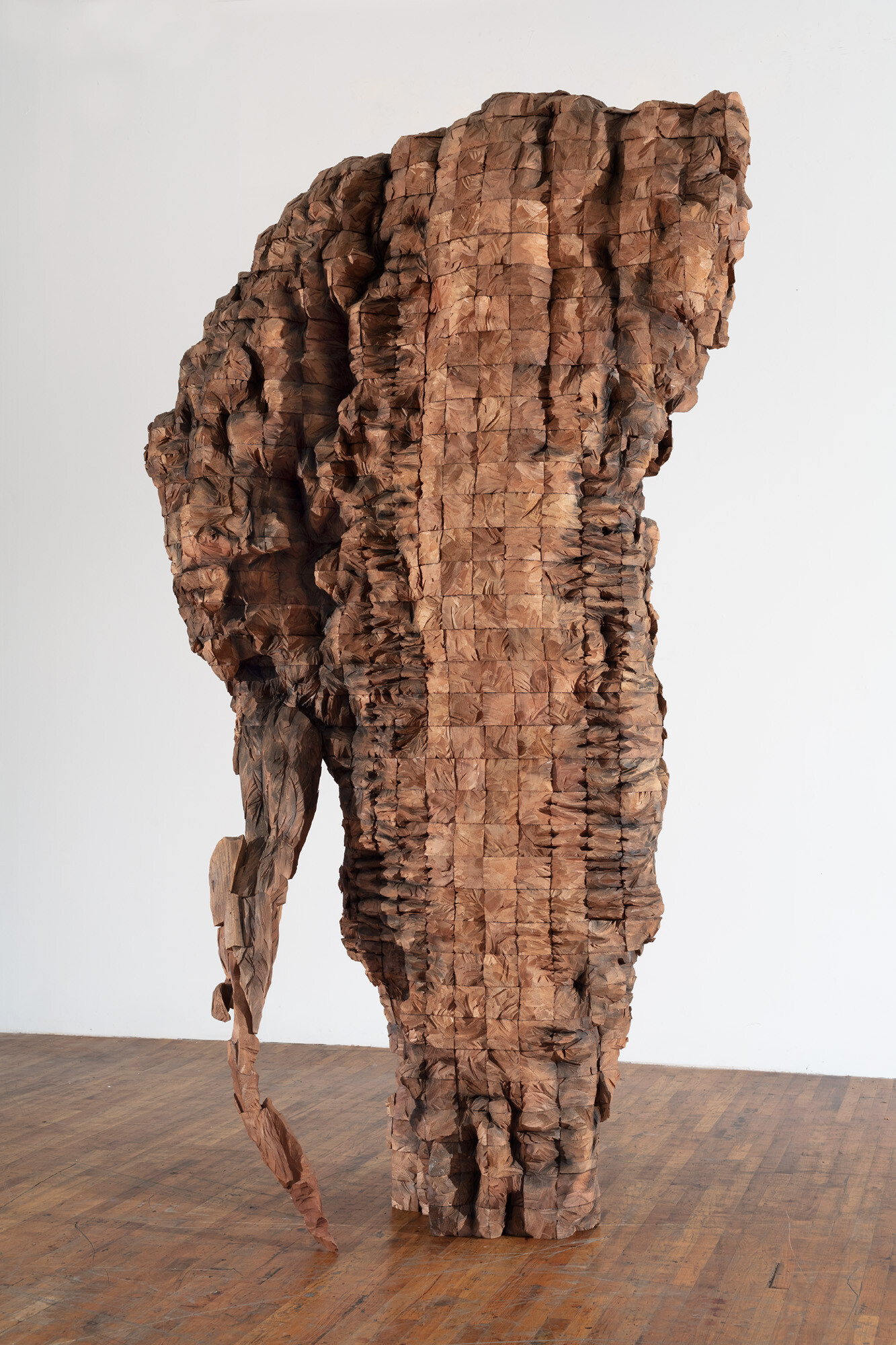 A tall, abstract wooden sculpture with a vertical, organic shape is sited on a wooden floor against a white background.