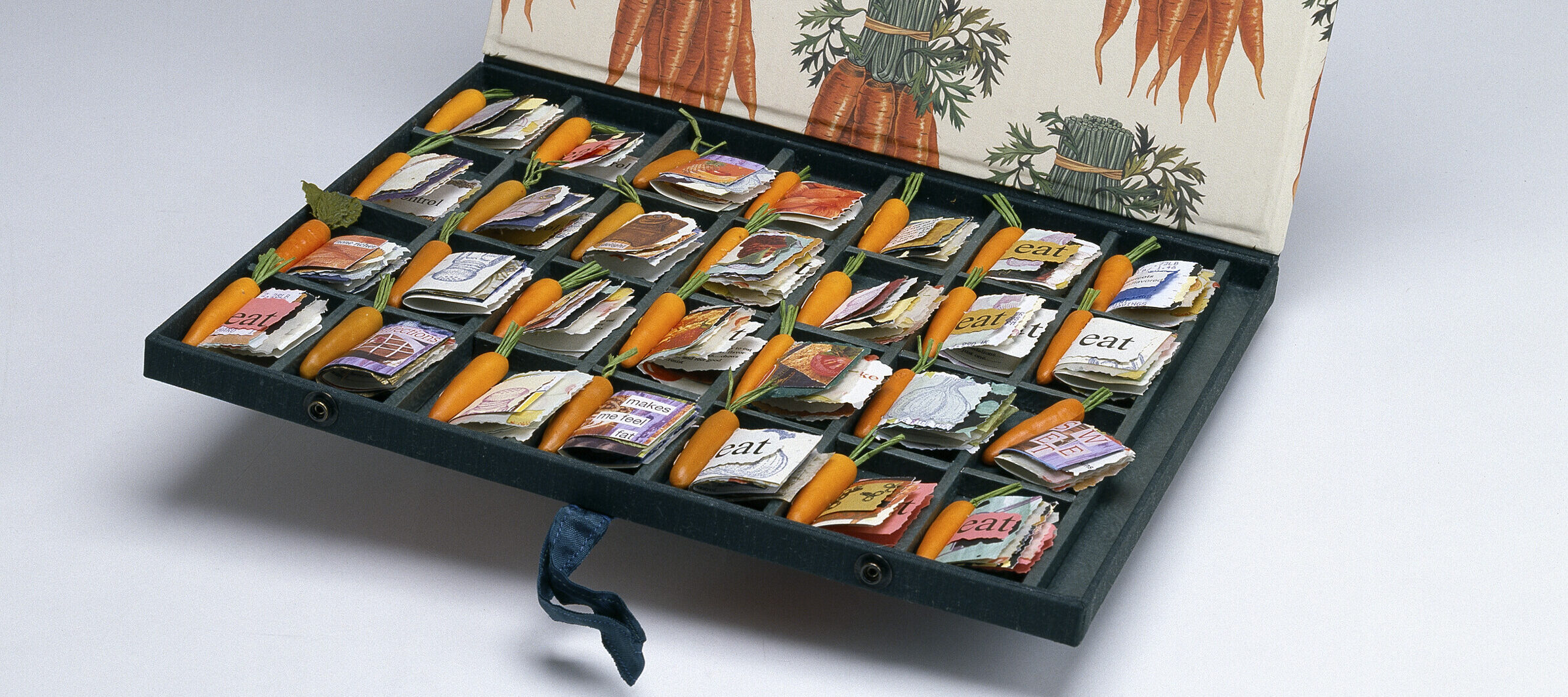 Color photograph of an an open box with a flap lid and small books inside. The inside of the box lid has images of bunches of carrots. The box has 28 cavities, each which holds a small book with a three-dimensional carrot spine.