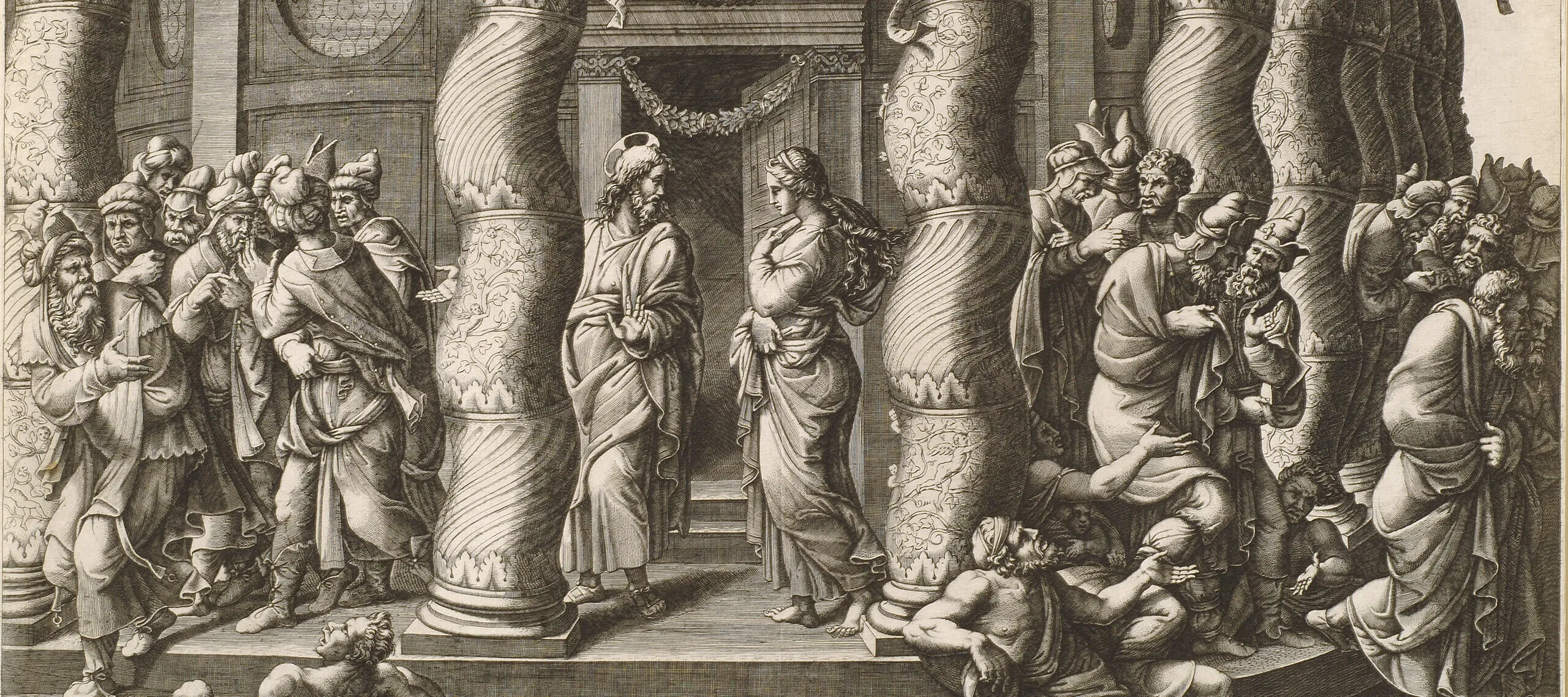 An etching shows people standing by a house or temple with columns. In the middle of the image, Christ and a woman are situated. They are facing each other.