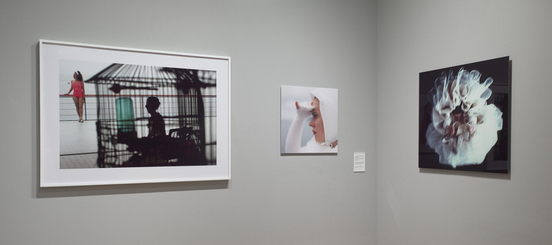 A large canvas with colorful brushstrokes takes up almost the entire wall. There are several large photographs hanging on the wall. They are blurry and it is not visible what they are showing; one seems to depict a cage and birds.