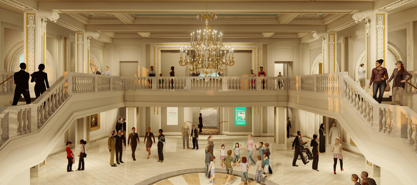 A digital rendering of a grand space with people of various ages and genders walking around. At ground level, a cream-colored marble floor features an oval pattern in the center of the room. Two staricases are on the sides and lead to a mezzanine level. A large crystal chandelier hangs from the center of the ceiling.