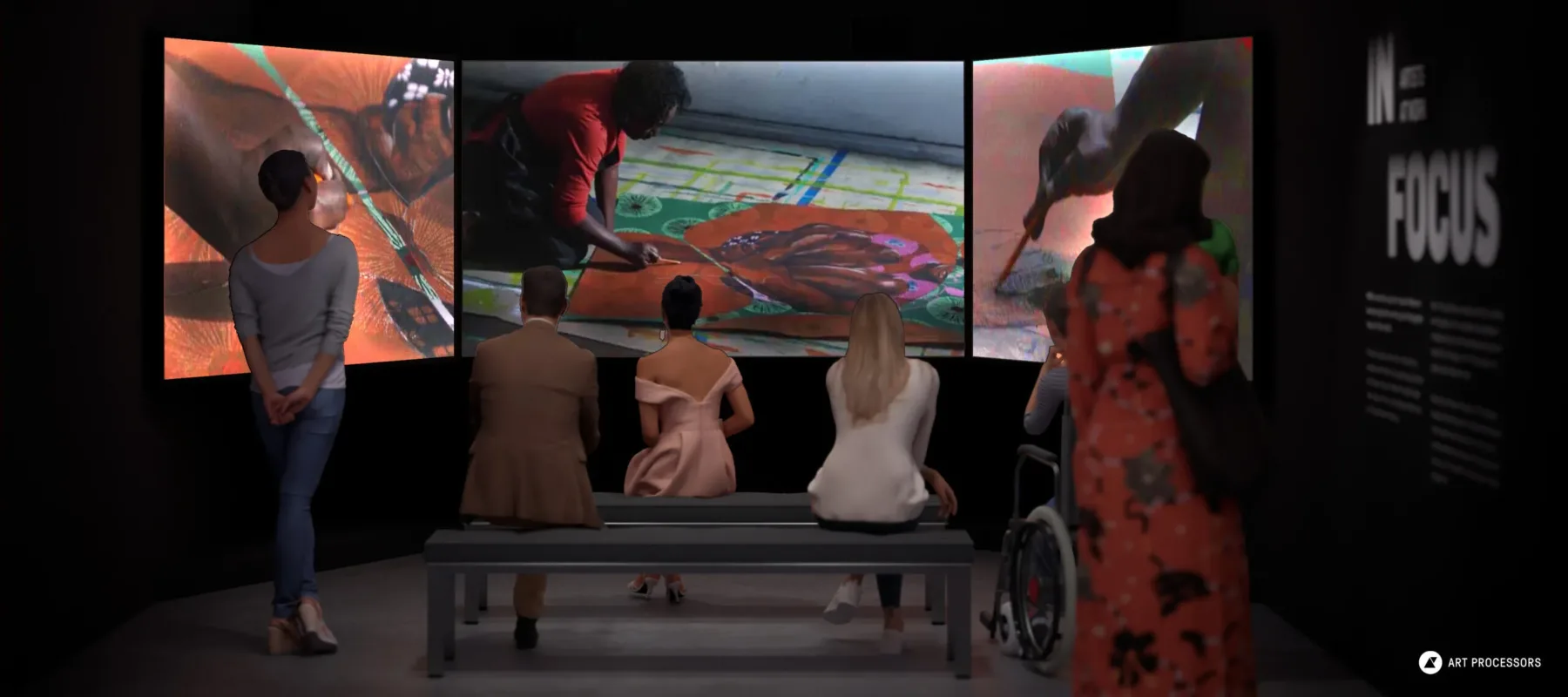 A rendering of a gallery space with three large screens playing a video of an artist working in her studio. Six people are facing away to watch the video screens. Three people are sitting on benches; the person on the right is in a wheelchair; the person on the left is standing; and another person stands on the right to read the introductory text that reads "In Focus." Art Processors' logo is in the bottom right corner.