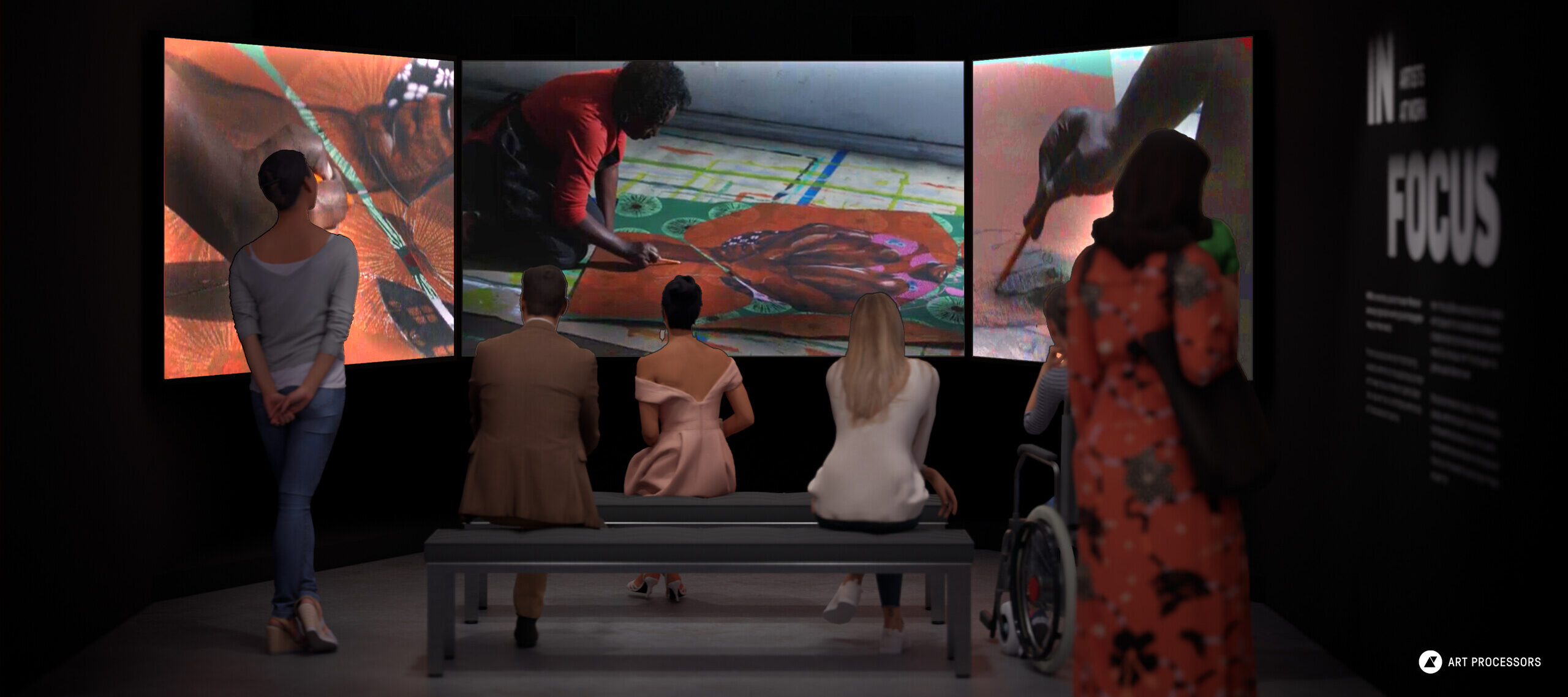 A rendering of a gallery space with three large screens playing a video of an artist working in her studio. Six people are facing away to watch the video screens. Three people are sitting on benches; the person on the right is in a wheelchair; the person on the left is standing; and another person stands on the right to read the introductory text that reads 