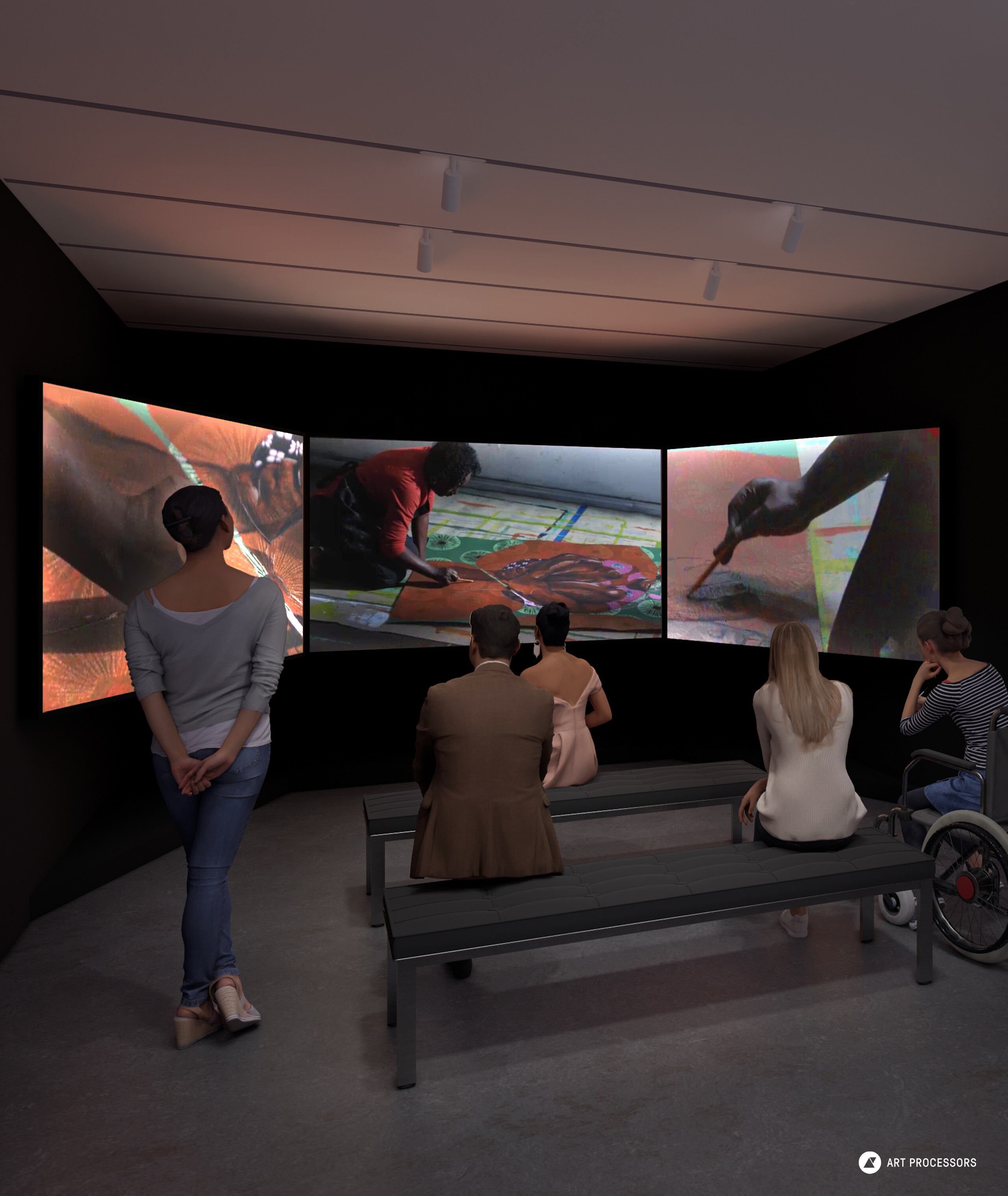 A rendering of a gallery space with three large screens playing a video of an artist working in her studio. Five people are facing away to watch the video screens. Three people are sitting on benches; the person on the right is in a wheelchair, and the person on the left is standing. Art Processors' logo is in the bottom right corner.