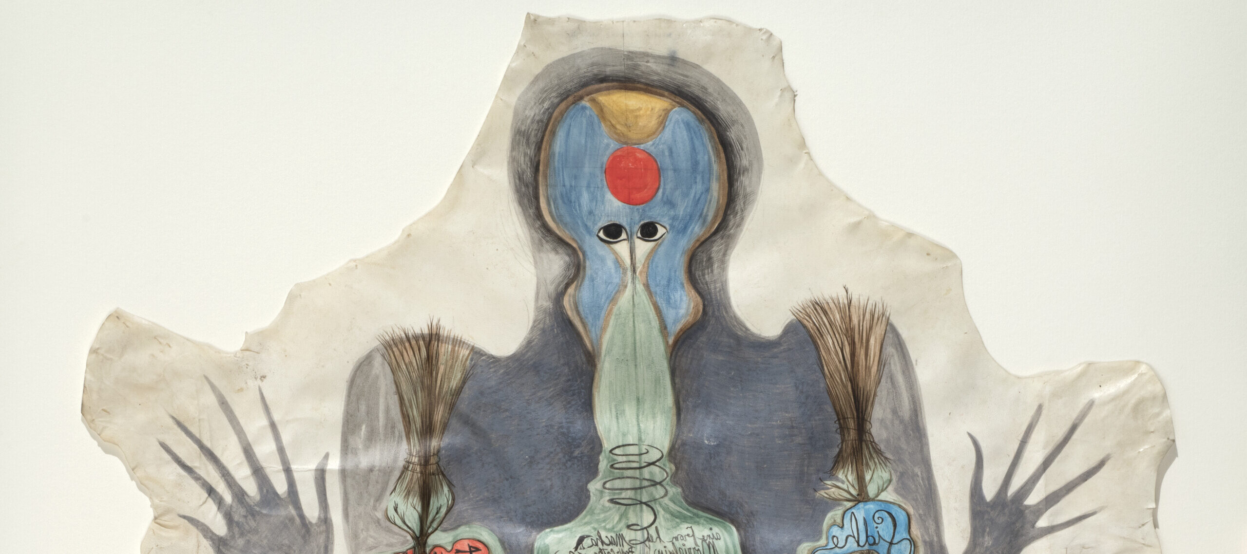 Surrealist painting shaped like an animal skin dominated by a foreboding human-like shape hovering over narrative scenes of animals, human hybrids, and reverse-handwritten Celtic references. At the center, a bright blue circle containing a chimeric figure sits atop a seated camel.