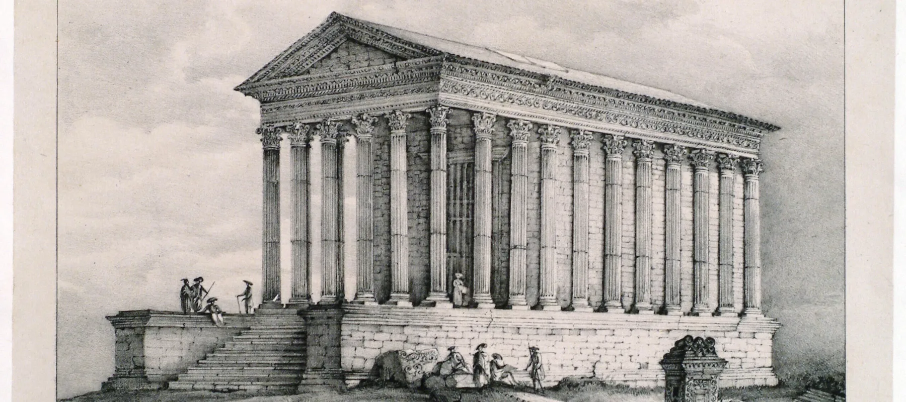 An etching of a temple amidst ruins. At the entry of the temple, four little figures in soldier gear are standing and sitting. On the other side of the temple, a woman in a hat is walking along the collonades. Underneath the etching, it says: "Temple of Caius & Lucius Caesar, or Maison Carre at Nismes".