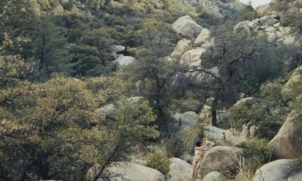 A photograph depicts a mountain covered in green trees and grass. At the foot of the mountain, a young woman is standing holding up her child. The woman and the child are naked and blending into the background of gray and beige rocks.