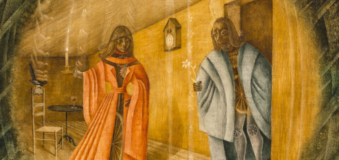 Green-tinted woven wood covers the corners and leads to the middle where a woman in an orange cloak made from various wooden objects such as a wagon wheel holds a candle and looks to her right at a man entering into the room from a door. The man is wearing a blue cloak and is also comprised of wooden objects. In his right hand, he holds a white flower. Behind them, a clock hangs on the wall, and in the left corner, a blackbird perches on a chair.