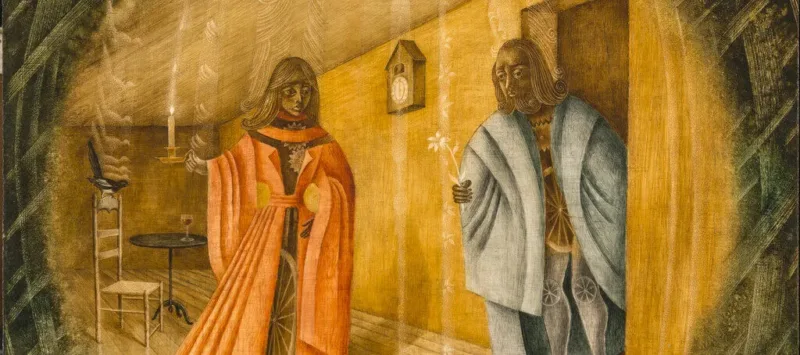 Green-tinted woven wood covers the corners and leads to the middle where a woman in an orange cloak made from various wooden objects such as a wagon wheel holds a candle and looks to her right at a man entering into the room from a door. The man is wearing a blue cloak and is also comprised of wooden objects. In his right hand, he holds a white flower. Behind them, a clock hangs on the wall, and in the left corner, a blackbird perches on a chair.