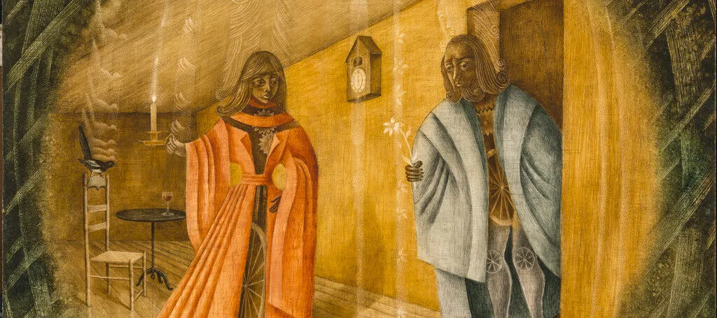 Green-tinted woven wood covers the corners and leads to the middle where a woman in an orange cloak made from various wooden objects such as a wagon wheel holds a candle and looks to her right at a man entering into the room from a door. The man is wearing a blue cloak and is also comprised of wooden objects. In his right hand, he holds a white flower. Behind them, a clock hangs on the wall, and in the left corner, a blackbird perches on a chair.