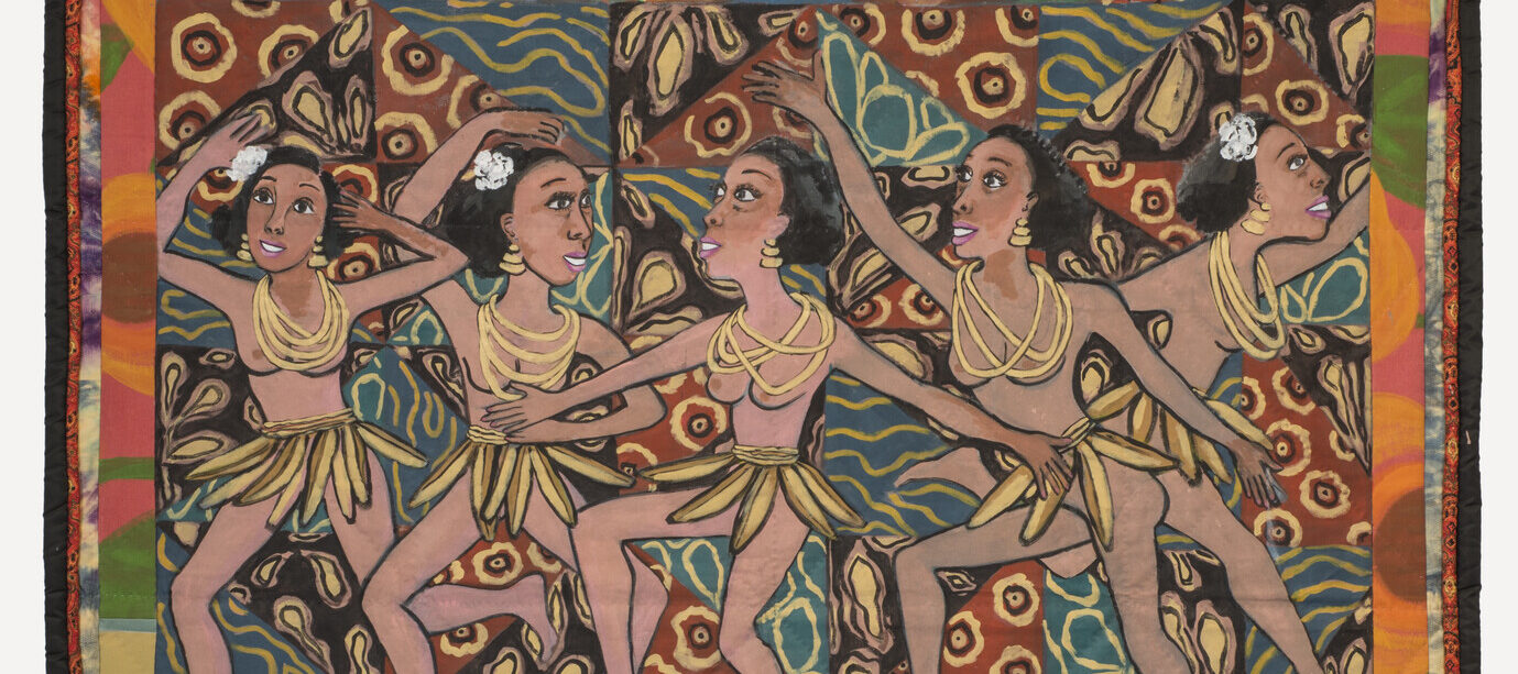 A colorful quilt depicts the same woman across its upper register five times: she has medium-dark skin tone and dances, bare-breasted and wearing a skirt with bananas hanging from her waist as well as a set of yellow necklaces. Below, medium-dark skinned and light-skinned men and women interact and play brass instruments. The quilt’s background features patterns in red, green, and yellow, and a border in shades of orange, blue, and black surrounds the work.