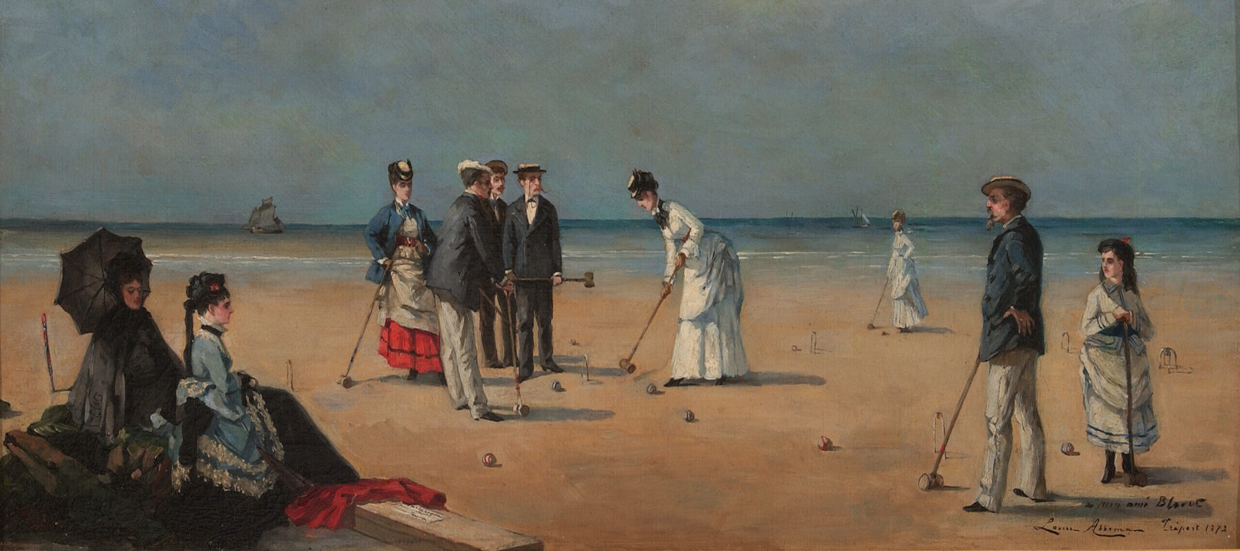 An oil painting of a group of light skinned men and women playing croquet on a beach wearing daytime suits and dresses from the late nineteenth century.