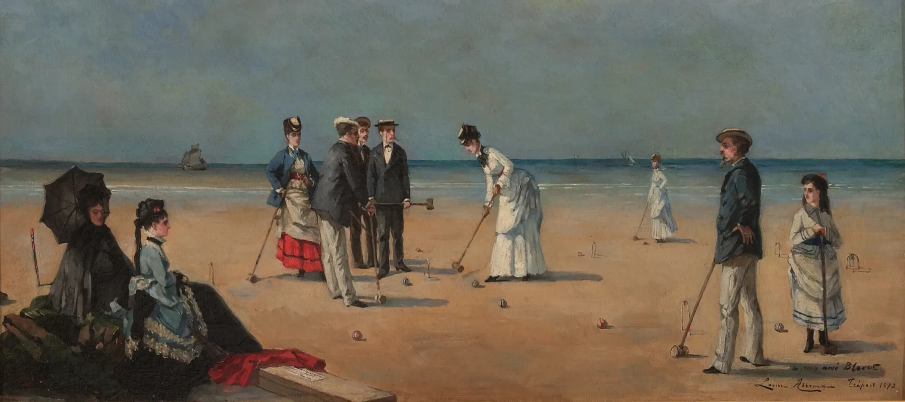 An oil painting of a group of light skinned men and women playing croquet on a beach wearing daytime suits and dresses from the late nineteenth century.