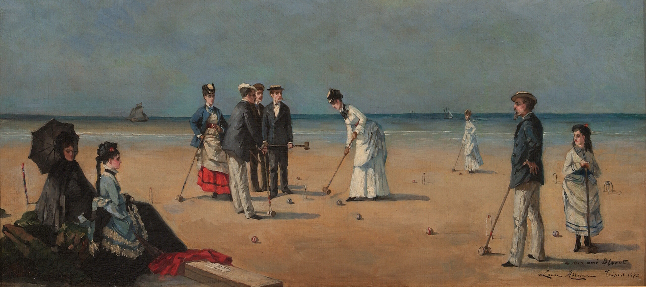 An oil painting of a group of light skinned men and women playing croquet on a beach wearing daytime suits and dresses from the late nineteenth century.