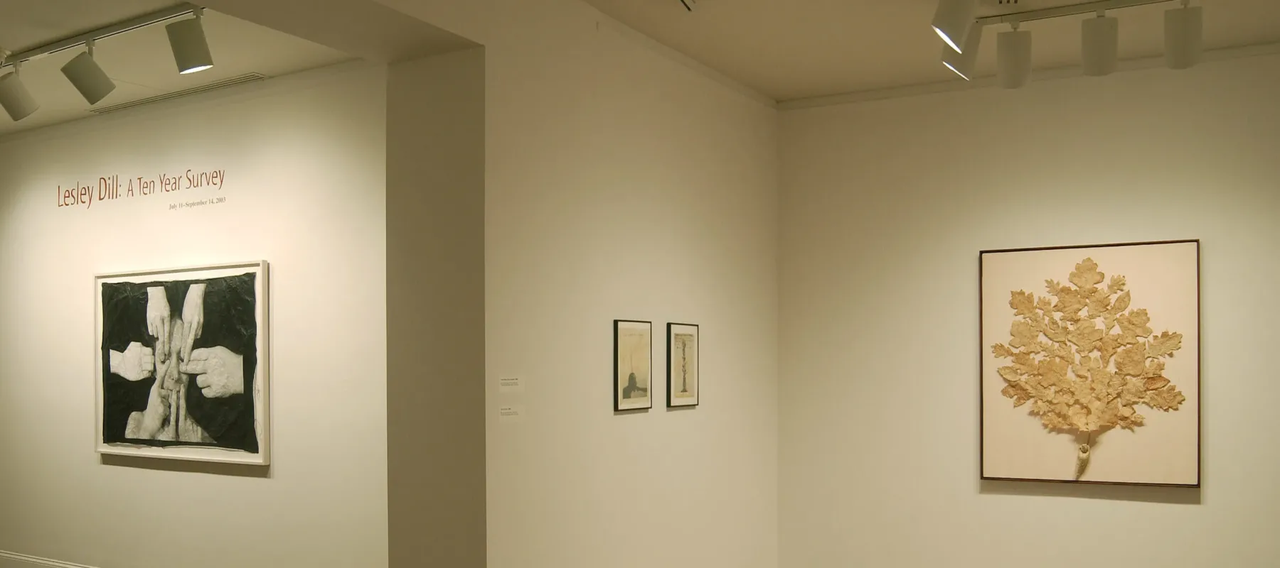 Installation view of a gallery space with white walls. On the wall on the left, it says in big red letters: "Lesley Dill: A Ten Year Survey". Underneath is a black-and-white photograph of a person's head, surrounded by hands that touch their face. On the wall on the right, a large art piece of a tree is hanging.