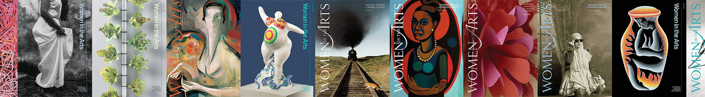 Side-by-side composition of multiple magazine covers published by the museum. All covers have a featured image followed by the text, 'Women in the Arts.'