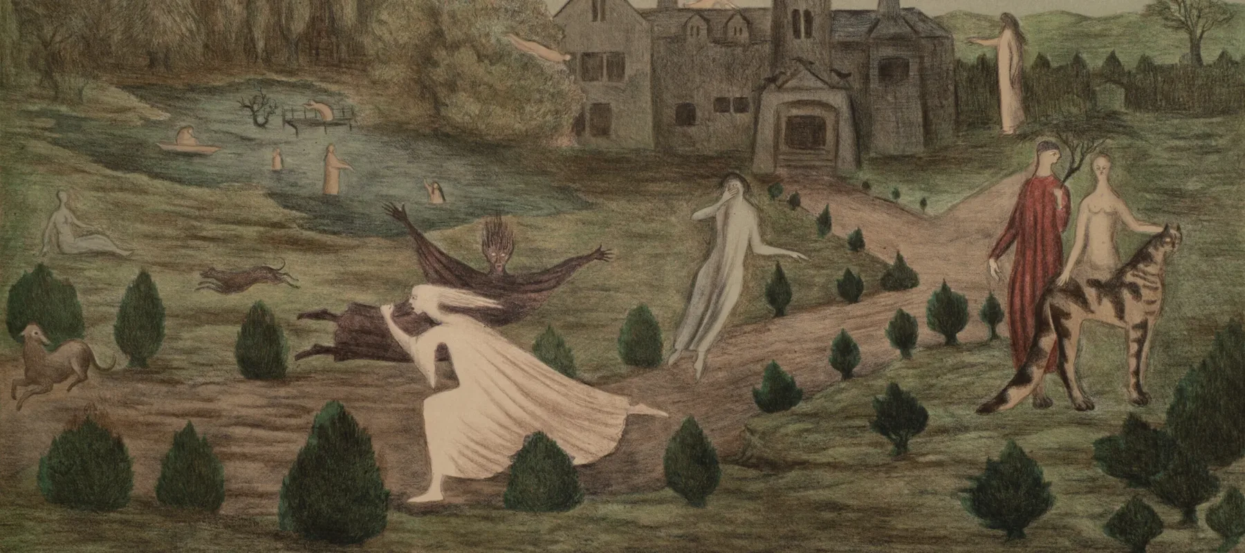 Eerie figures walk, float, swim and stand in a pastoral landscape. A grey house sits next to a small body of water, the lawn decorated with small shrubs and trees. A pair, one dressed and one nude, pet a stripped animal as ghostly figures move through the foreground.