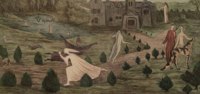 Eerie figures walk, float, swim and stand in a pastoral landscape. A grey house sits next to a small body of water, the lawn decorated with small shrubs and trees. A pair, one dressed and one nude, pet a stripped animal as ghostly figures move through the foreground.