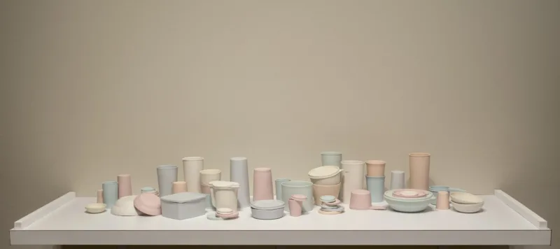 A collection of pastel-colored porcelain cups, bowls, containers, and lids that resemble plastic food containers. Some are stacked within and on top of each other. Some containers have lids firmly shut while on others the lids teeter off the edge of container rims.