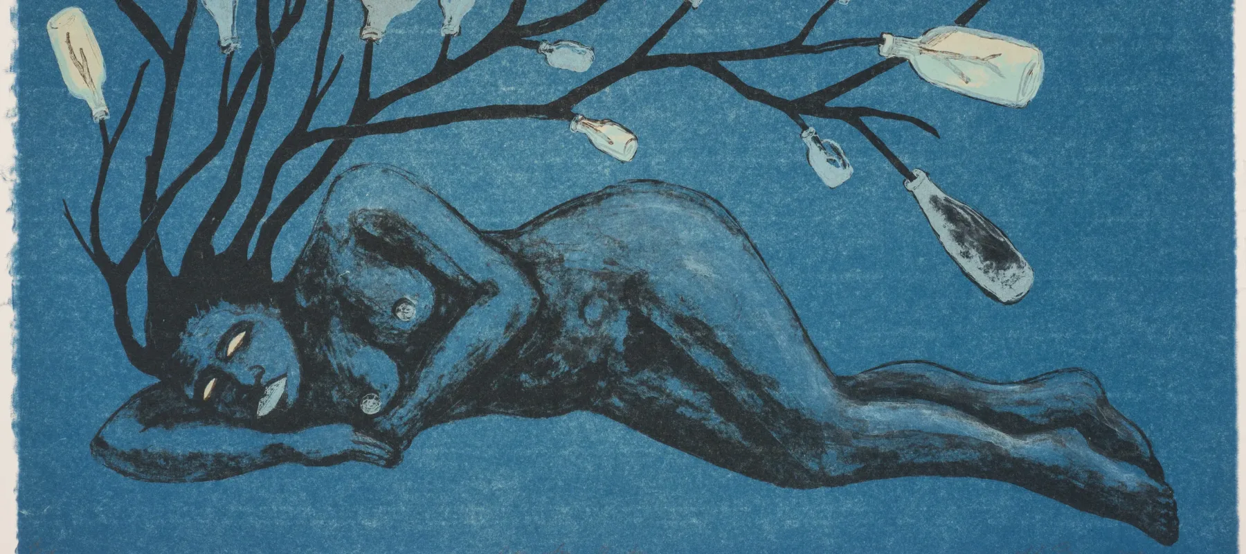 Lithograph print on a blue background portrays a nude woman laying horizontally across the length of the paper. In place of hair, a bottle tree appears to sprout from the figure’s head.