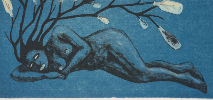 Lithograph print on a blue background portrays a nude woman laying horizontally across the length of the paper. In place of hair, a bottle tree appears to sprout from the figure’s head.