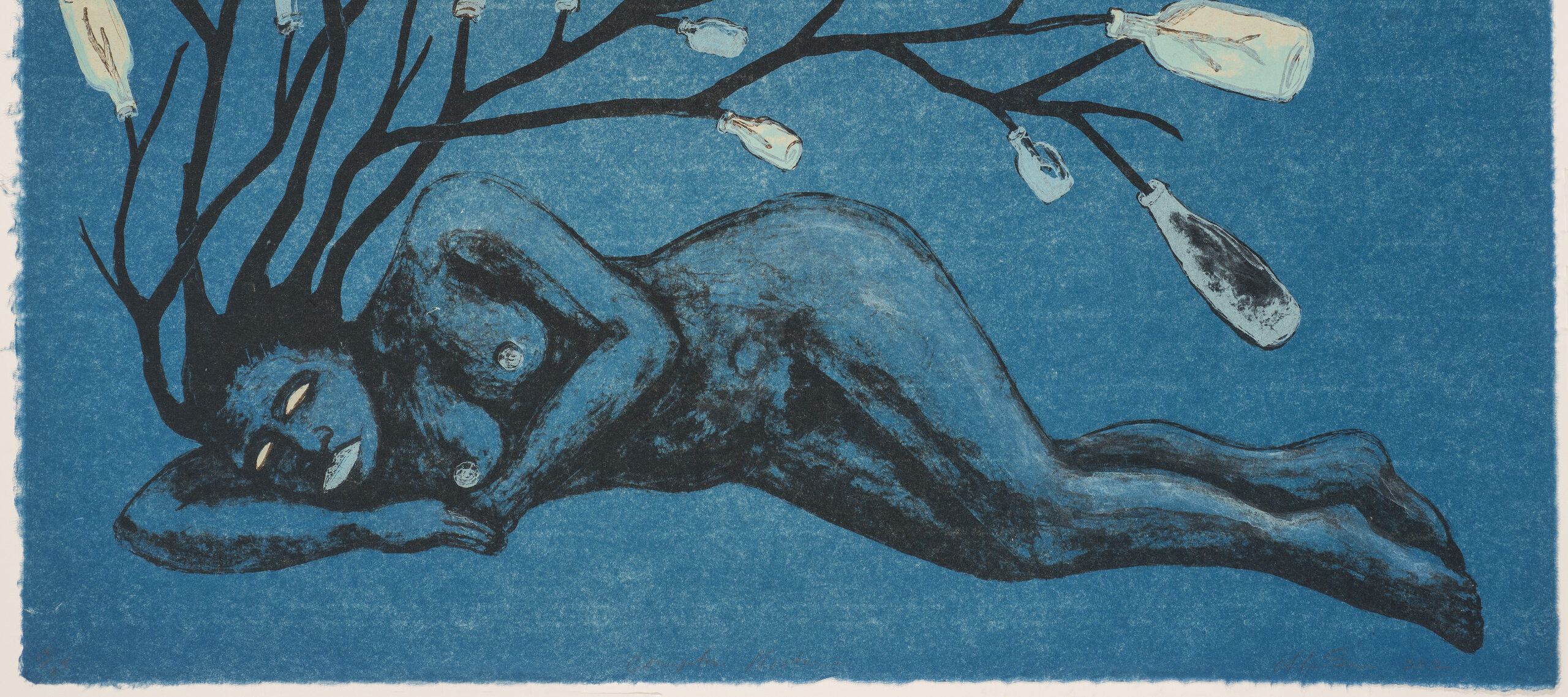 Lithograph print on a blue background portrays a nude woman laying horizontally across the length of the paper. In place of hair, a bottle tree appears to sprout from the figure’s head.