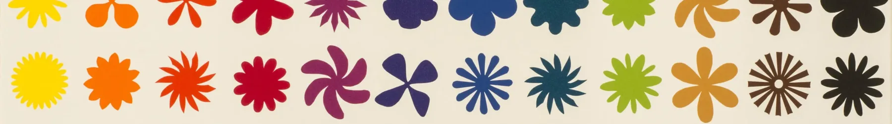 Twelve vertical columns, each a different color, of repeating flower, pinwheel, and starburst shapes on a white background.