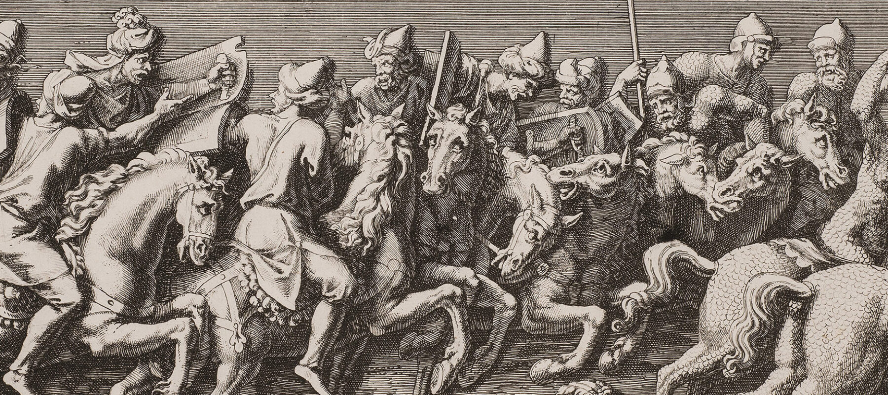 A black-and-white, horizontal print depicts multiple Roman-style male figures on horseback. They hold weapons or brass musical instruments and process, somewhat chaotically, towards the viewer's right.
