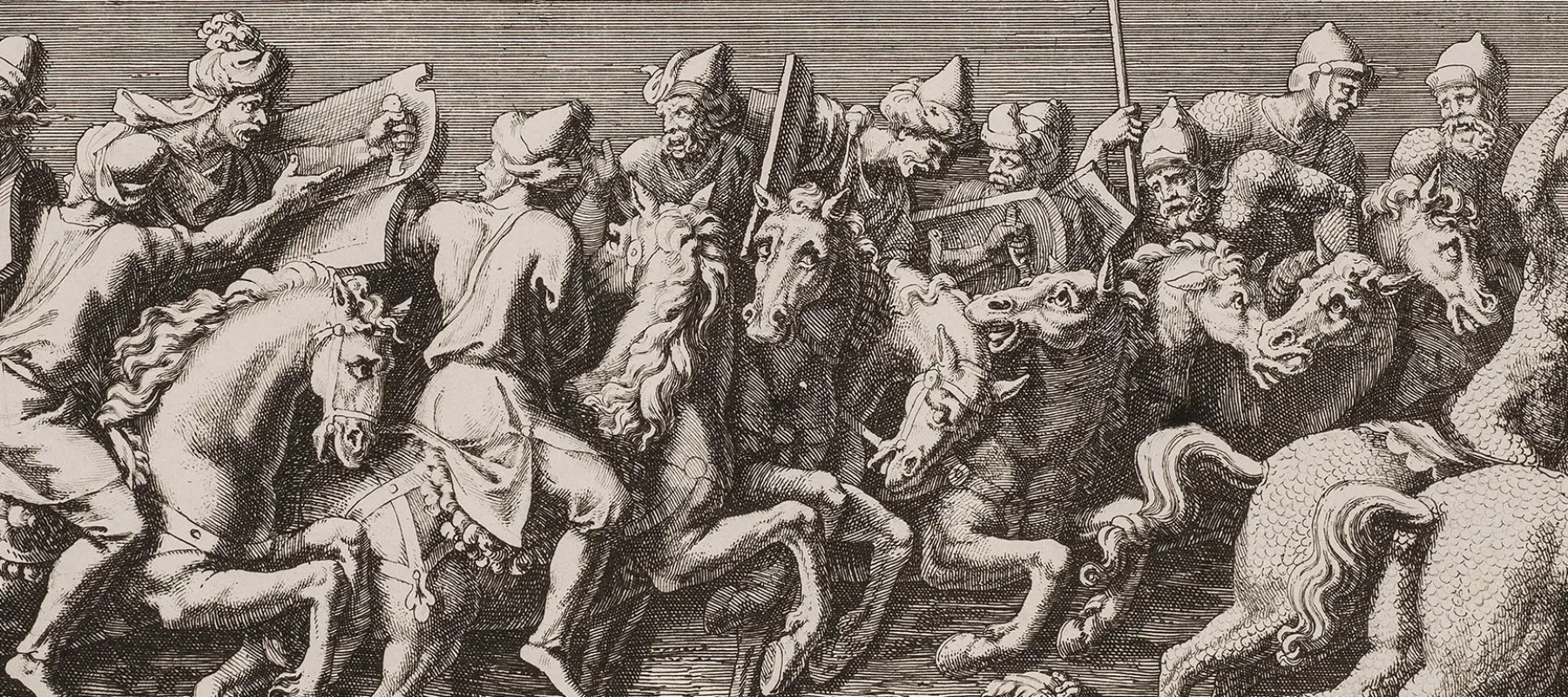A black-and-white, horizontal print depicts multiple Roman-style male figures on horseback. They hold weapons or brass musical instruments and process, somewhat chaotically, towards the viewer's right.