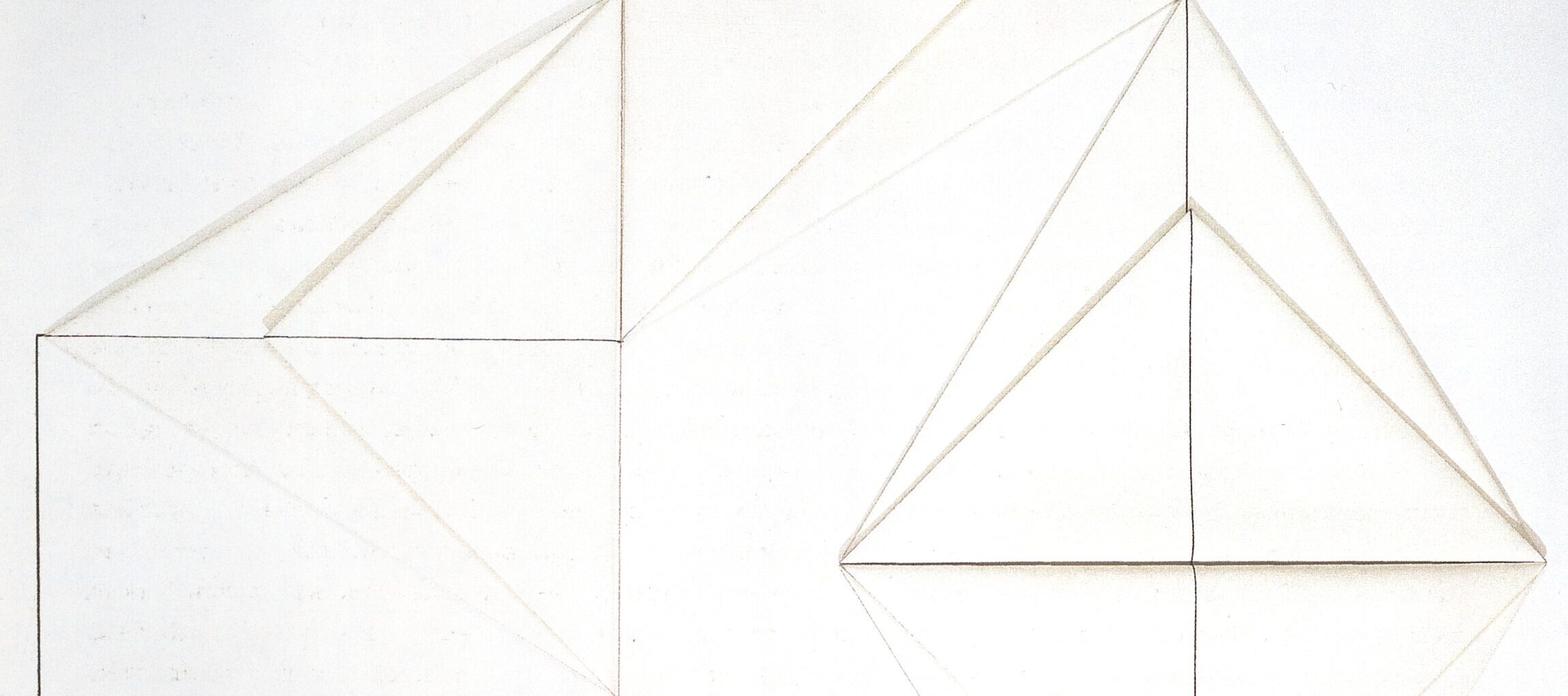 Six folded white triangles resembling origami form a large geometric shape on a white background. Connected by a continuous line that bisects their center, the corners of each triangle touch and encourage the eye to move in a circular fashion.