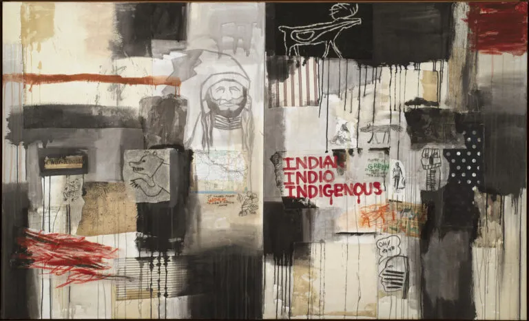 A horizontal canvas combines collaged paper, such as a scrap of a U.S. map, comic strip, and pictographs; cloth swatches; scrawled and dripped paint; and phrases like “It takes hard work to keep racism alive” and “Oh! Zone.” The work’s title appears in red paint right of center.