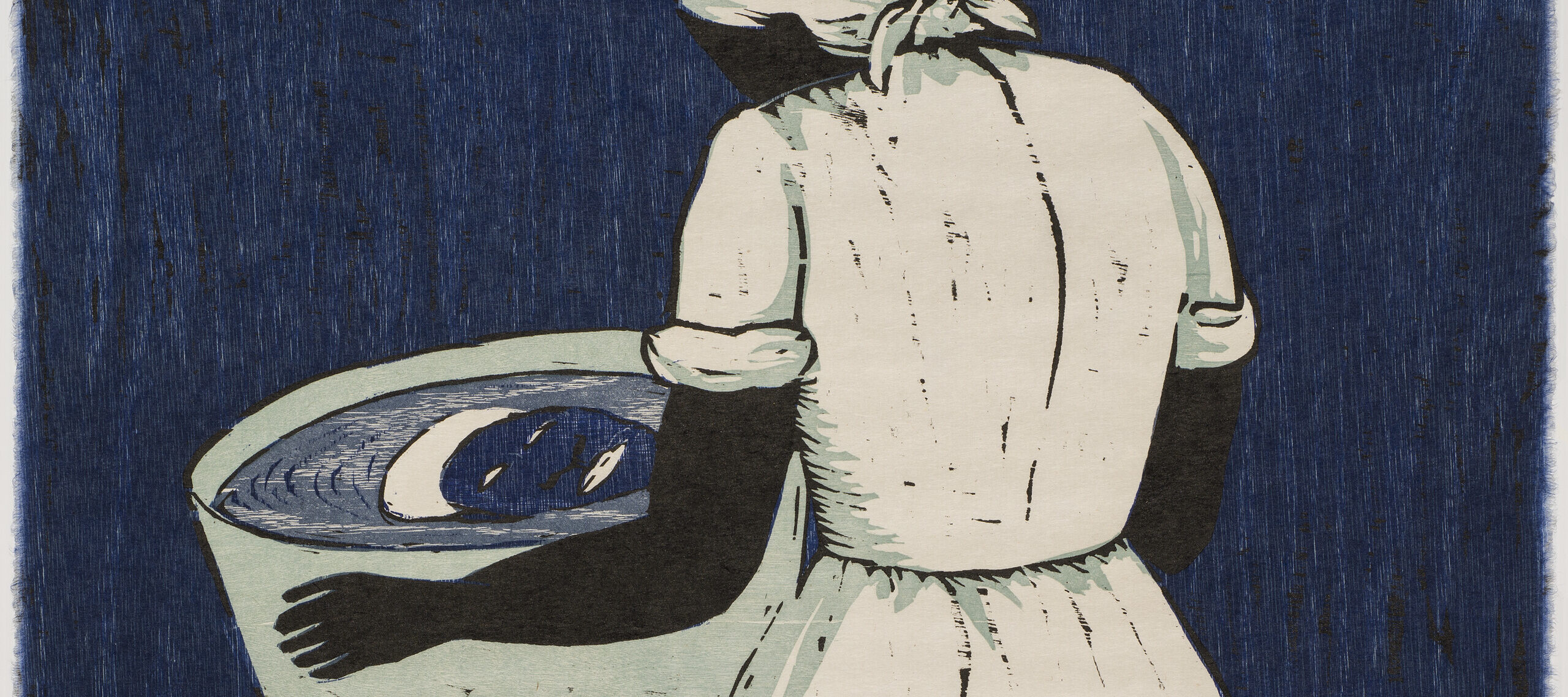A woodcut print shows a barefoot Black woman from the back at a slight angle holding a washtub. Her face is visible only via the reflection in the tub water.