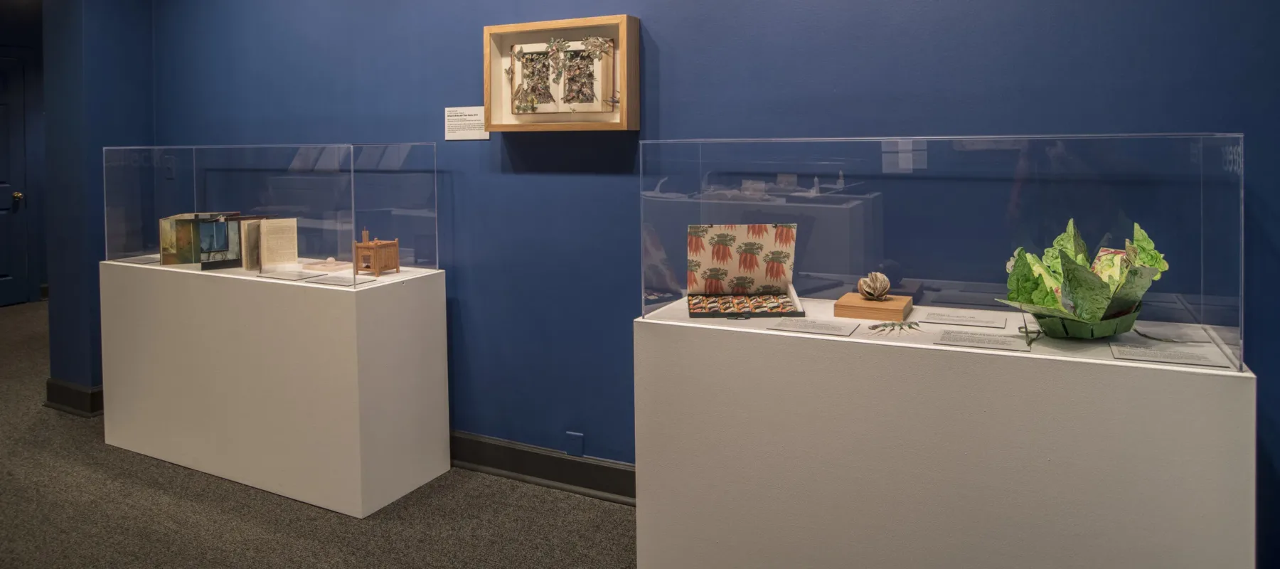 A color photograph of two cases and wall frame containing sculptural artist's books against a blue wall.