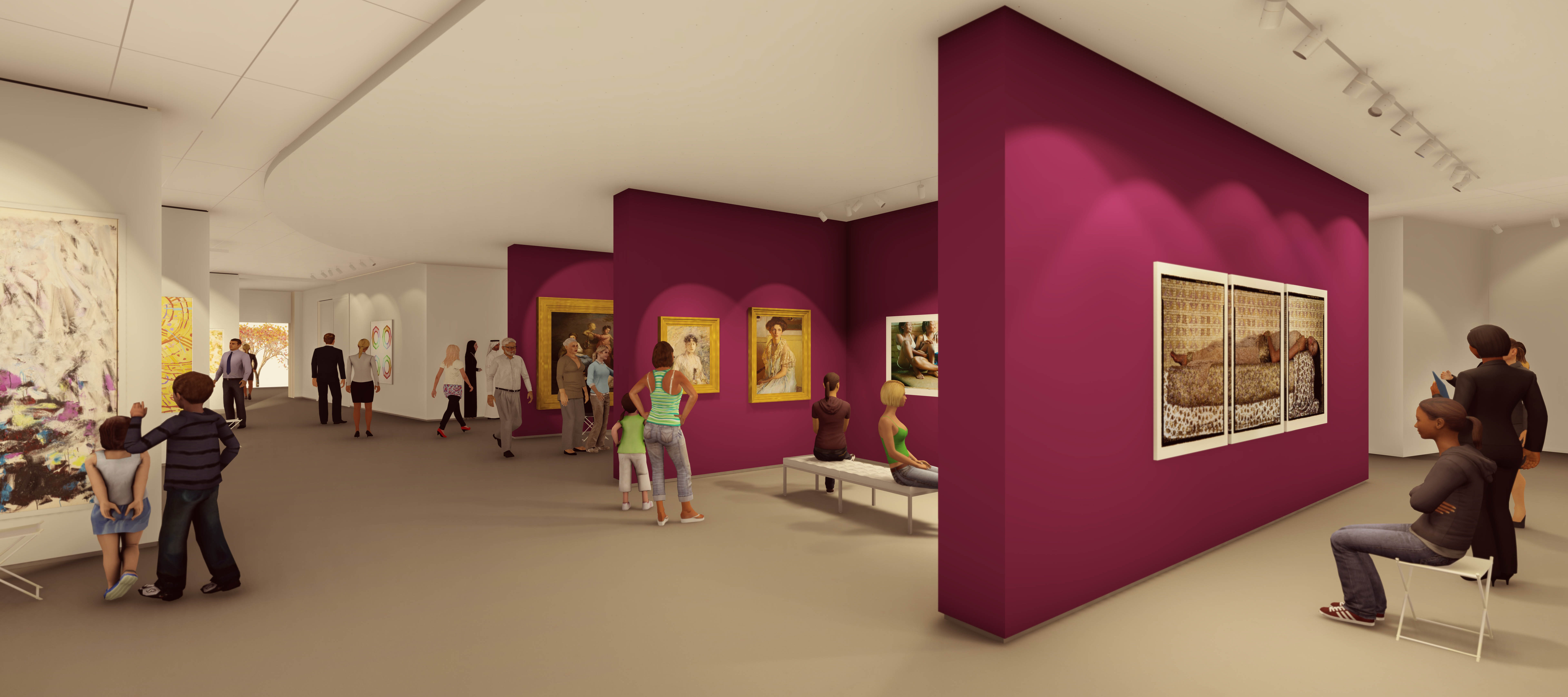 Architectural rendering of the gallery with people looking at art hung on white and magenta walls.