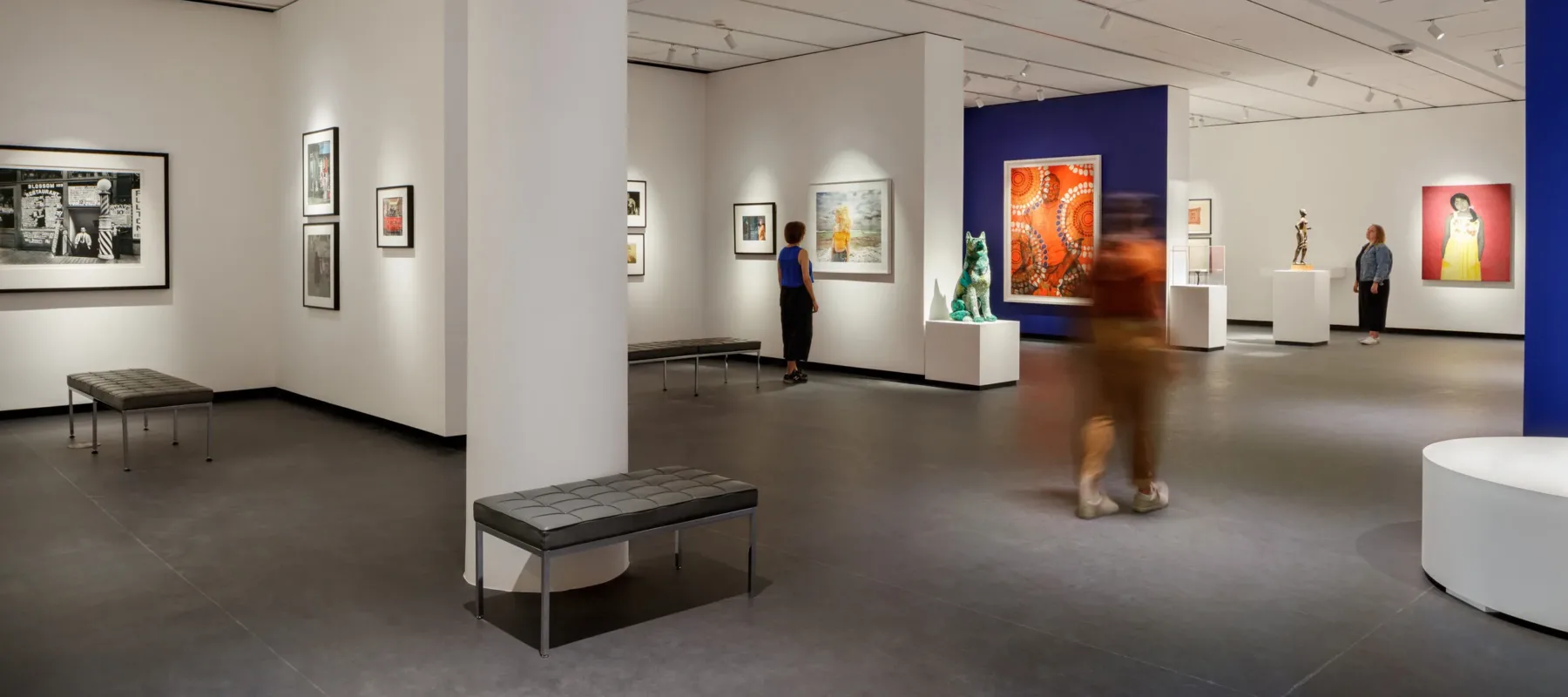 A modern museum gallery is photographed at a wide angle. It features several inset bays in which art of various sizes and mediums is hung. Visitors walk through the galleries and observe the works.